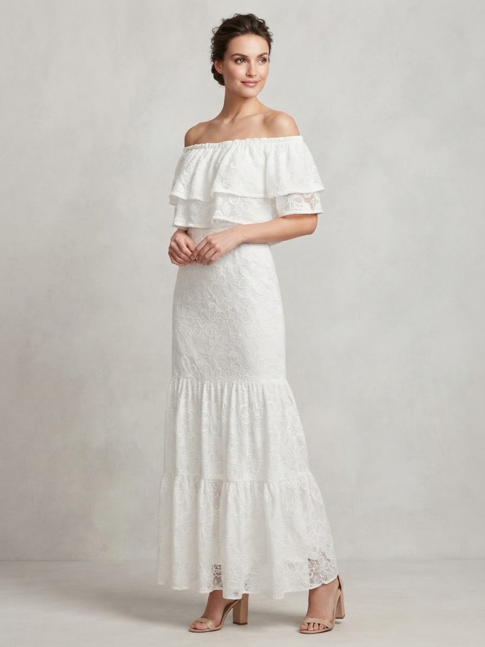 BB Dakota White One-Shoulder Tiered Lace Maxi Dress